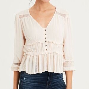 American Eagle | Size M | Beige Boho Peplum Blouse with Lace & Ruffle Detail